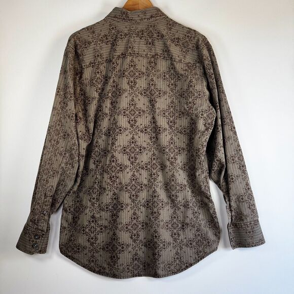 Vintage 90s Transcript Mens Shirt Brown Baroque Damask Long Sleeve Button Up - Picture 2 of 15